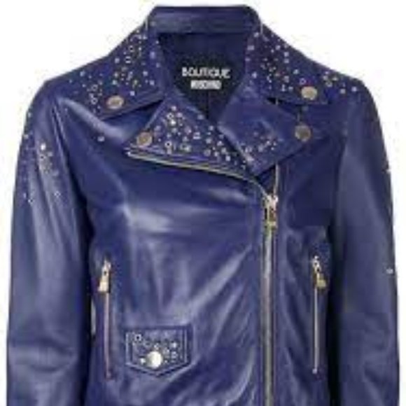 Boutique Moschino Motorcycle Studded Gold‎ Star Zip Leather jacket Medium - Picture 4 of 4